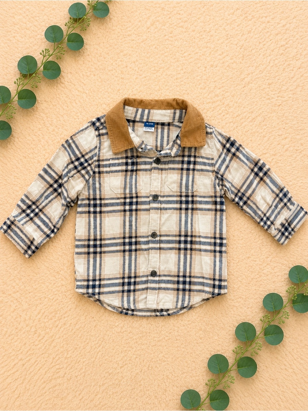 Old Navy Beige & Navy Plaid Button-Down Shirt with Brown Collar Shirt
